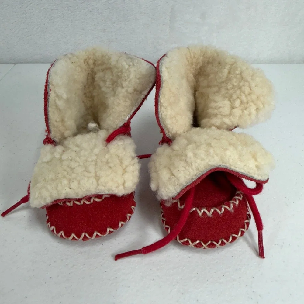 Ralph Lauren Infant Red Suede Shearling Moccasin Booties Pony Logo Soft Sole